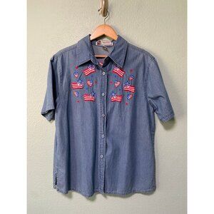 Vintage Passion‎ Women's Red Blue & White Flag Denim Button Up Shirt Size XL